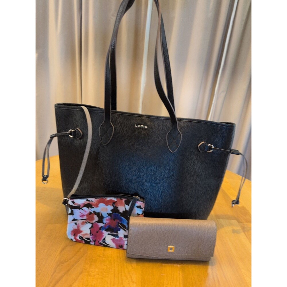 LODIS Black Leather Tote Bag Travel Luggage Sleeve W/Matching Wrist-lit & Wallet